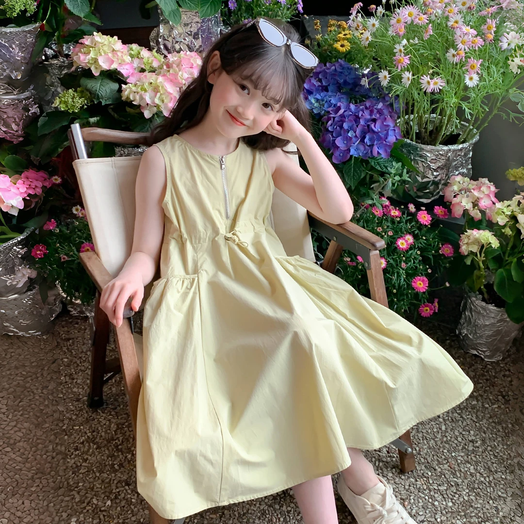女童夏季长裙2025夏季新款女孩纯色休闲款无袖时尚风背心裙Q13218