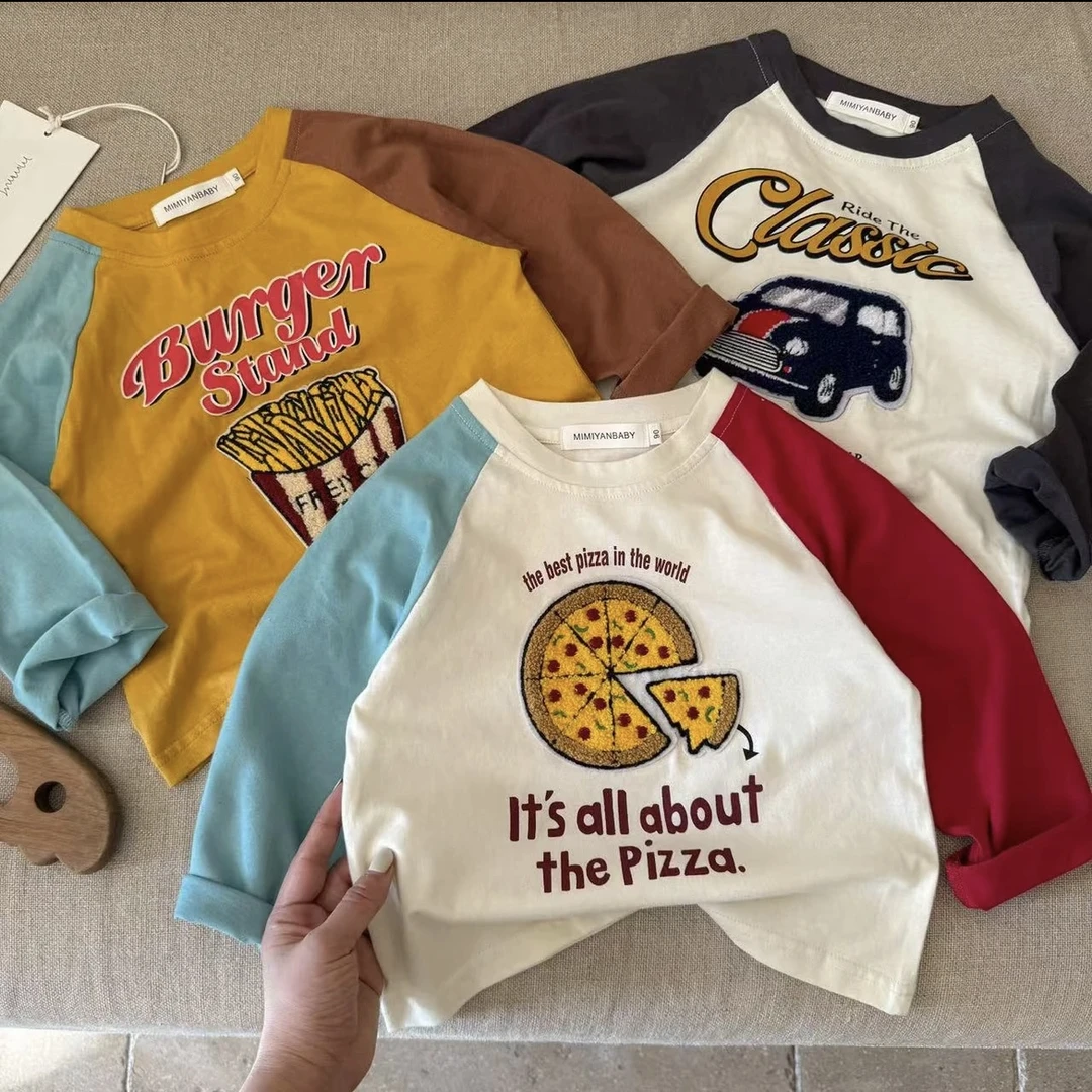 2025春季新款男女童立体毛巾绣长袖上衣宝宝撞色打底