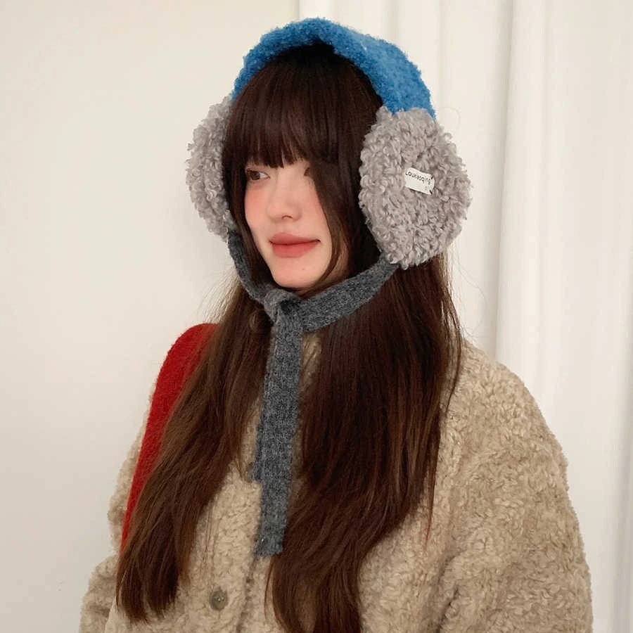 护耳羊羔绒耳罩绑带女秋冬季天保暖系带防风户外骑行耳套耳包蓝色