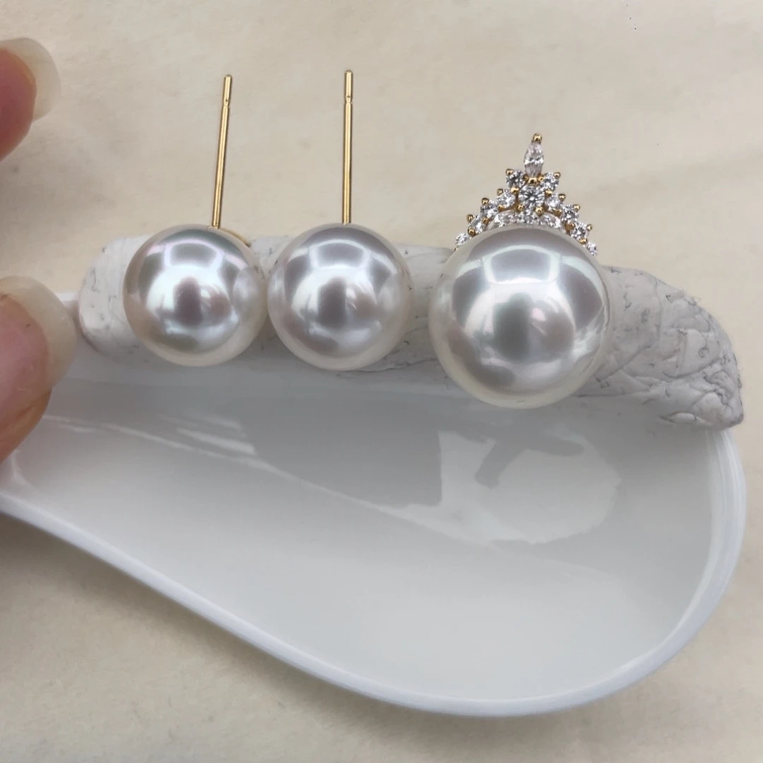 海水珍珠耳饰银S925镶嵌耳钉10-11，吊坠13.7海水澳白珍珠