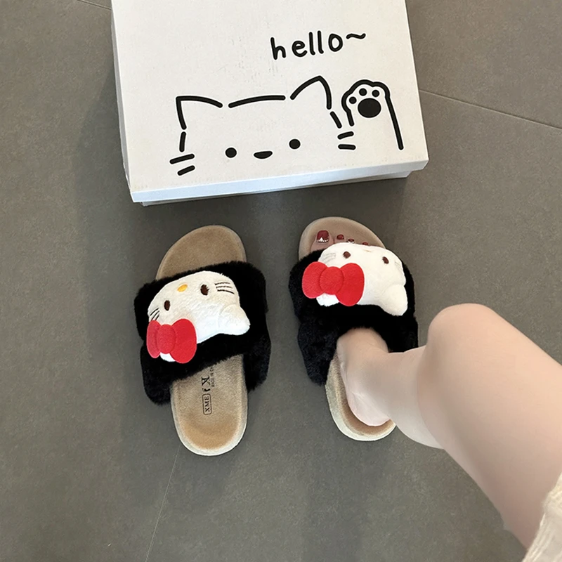 时尚可爱卡通大头KT猫厚底棉拖鞋女2025秋冬新款外穿一字毛毛拖鞋