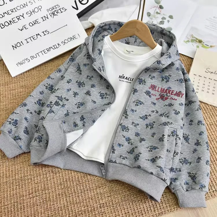 女童韩版洋气满印花朵连帽灰外套中大儿童休闲拉链开衫上衣