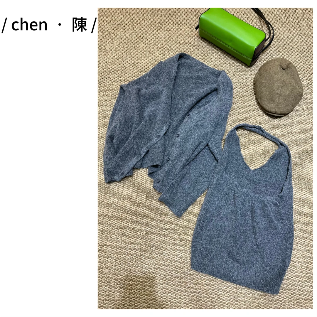 chen ·陳温柔挂脖背心➕慵懒V领针织毛衣两件套