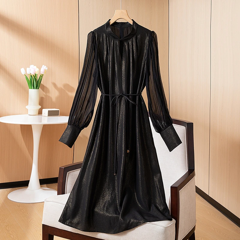 拼接洋气春季真丝连衣裙蕾丝大码显瘦气质长袖时尚收腰中长款