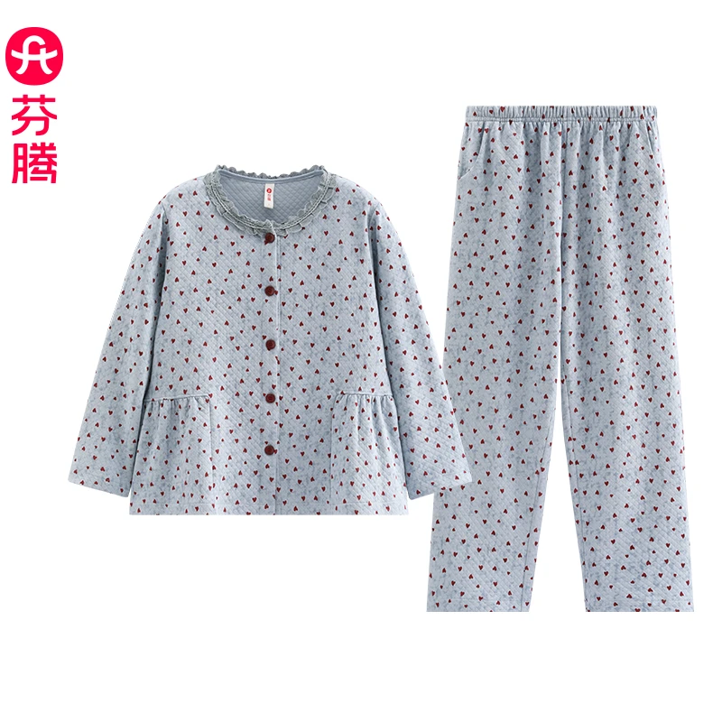 芬腾睡衣女款新款秋冬季空气层夹棉加厚长袖可外穿冬天家居服套装