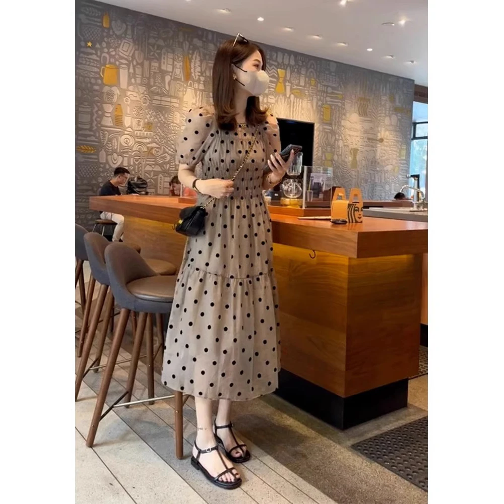 2025新款夏季法式高级感气质高端精致御姐风显瘦泡泡袖波点连衣裙