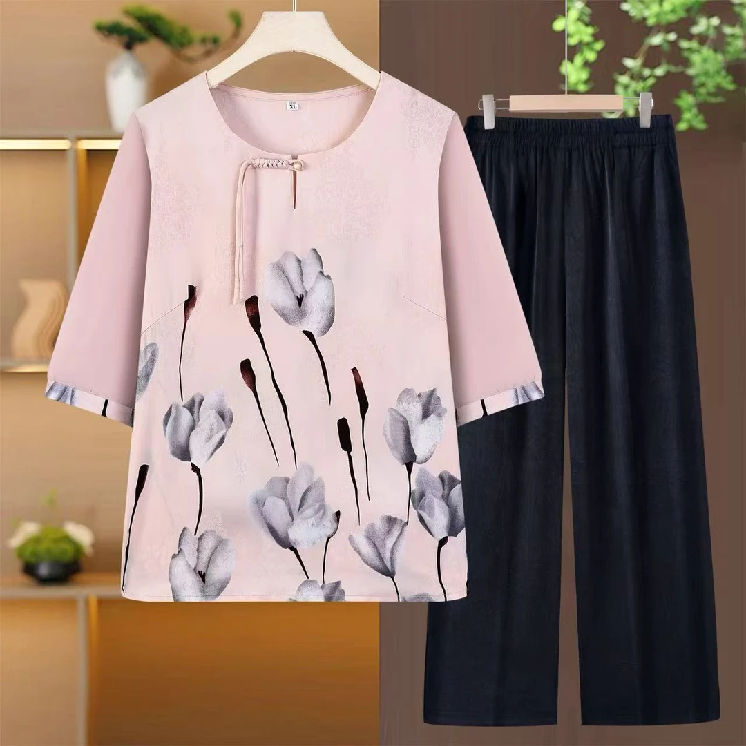 9528-夏季新款新中式中国风中袖气质套头小衫妈妈装套装（C仓）