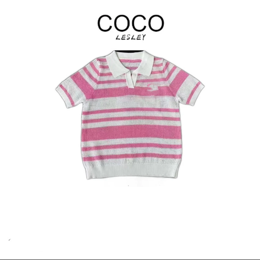 【COCOLESLEY】欧韩时尚2025夏季翻领针织条纹短袖休闲百搭上衣女