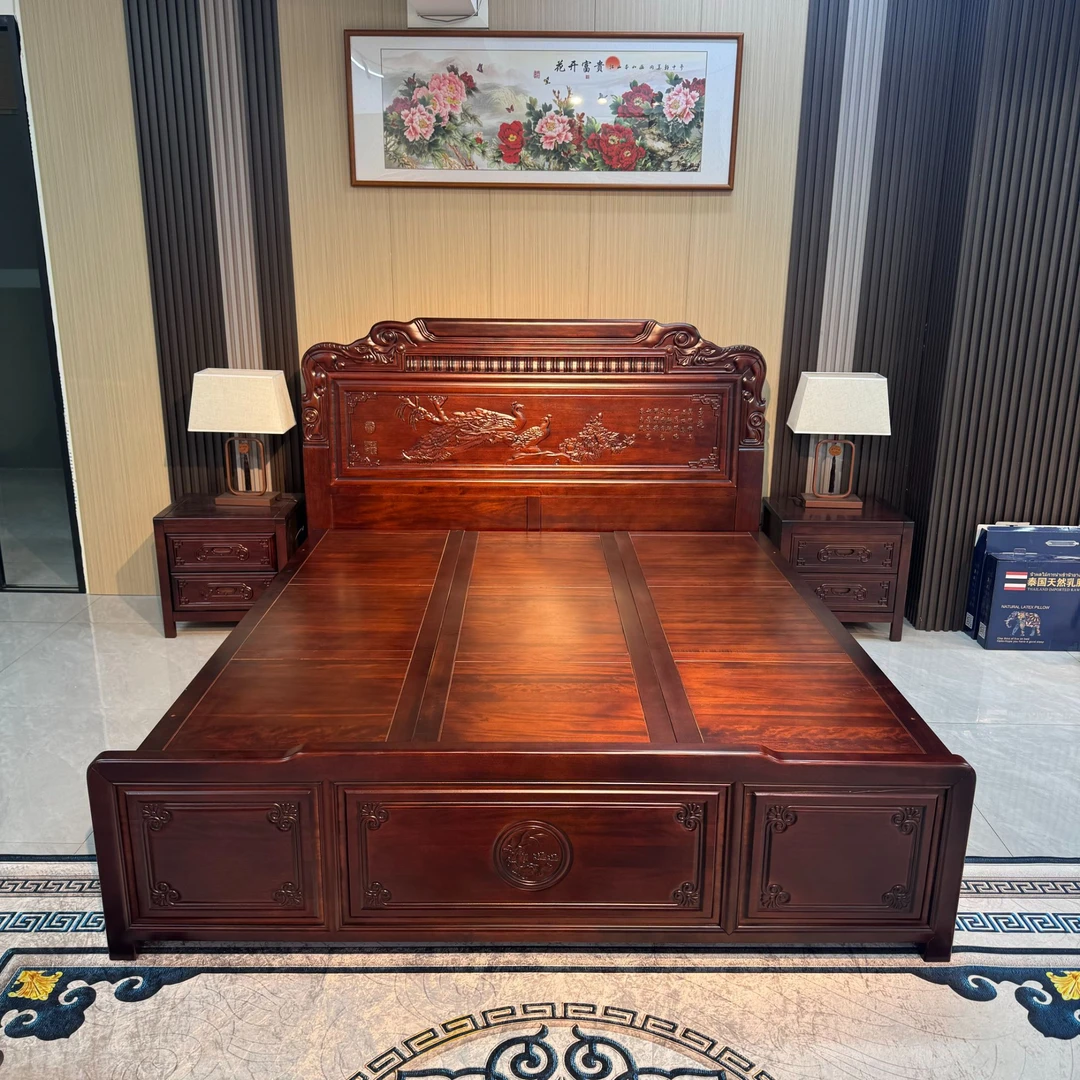孔雀雕花南美檀木储物床高箱抽屉床1.8米婚床主卧大床古典双人床