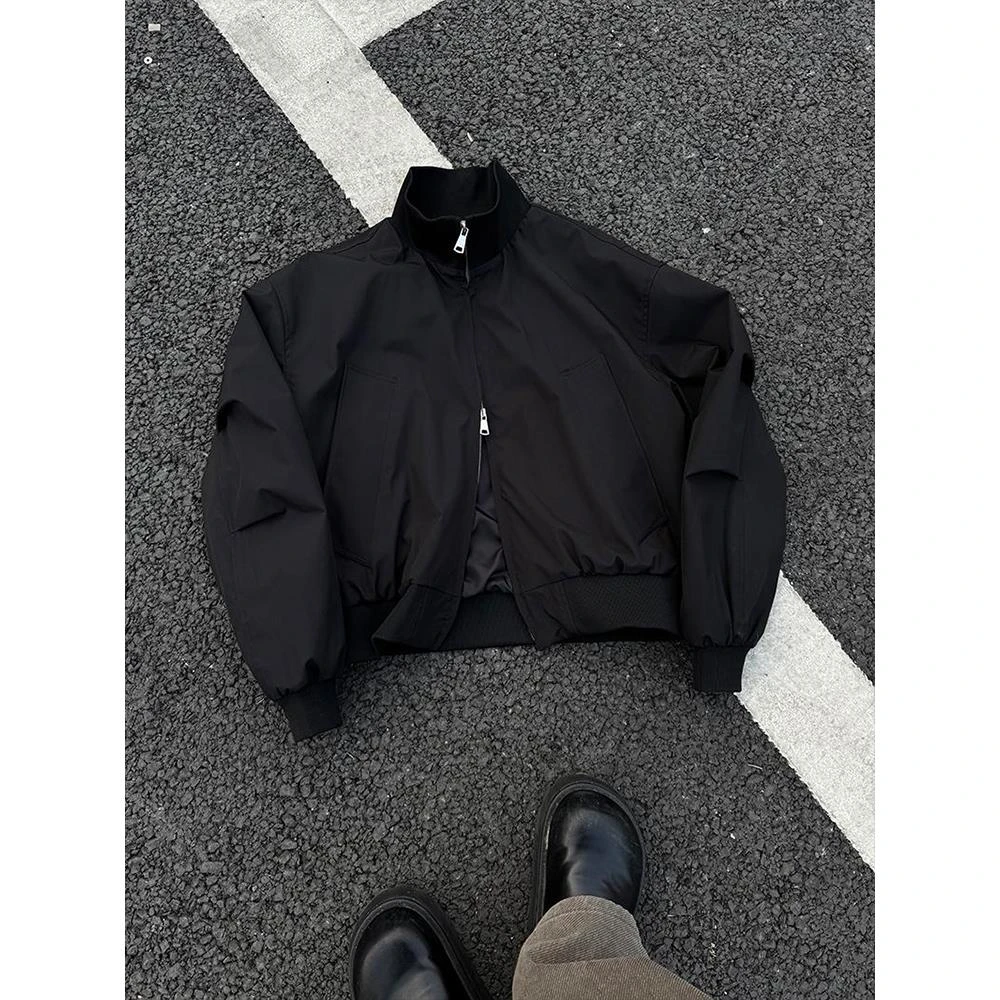 黑色美式bomber飞行夹克春秋款立领cleanfit短宽外套男潮牌高级感
