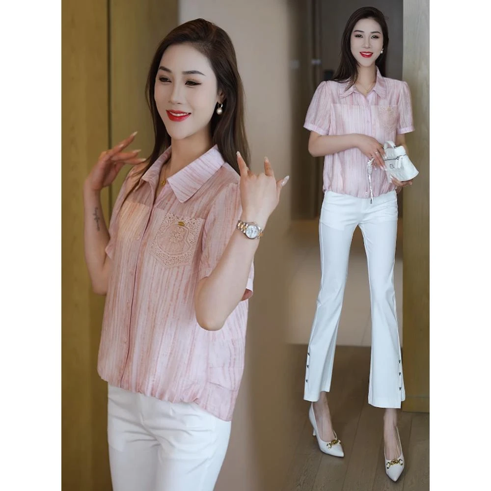 2025夏季新款时尚休闲衬衫女洋气设计感时髦百搭宽松短袖翻领衬衣