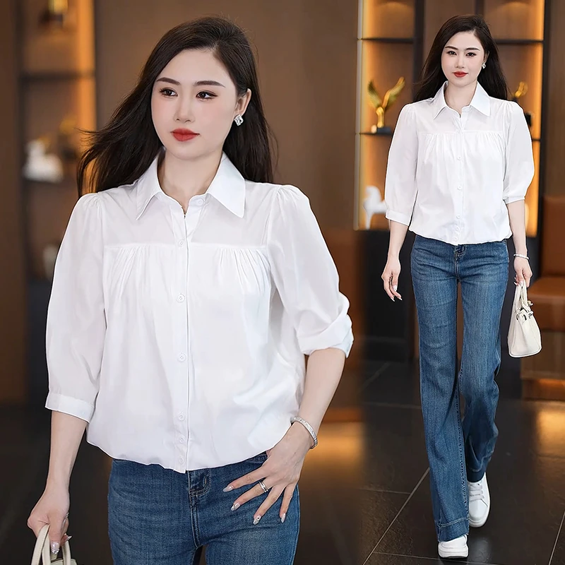 2025春夏纯色衬衫中袖新款夏季休闲蓝调丝光棉衬衫洋气减龄七分袖