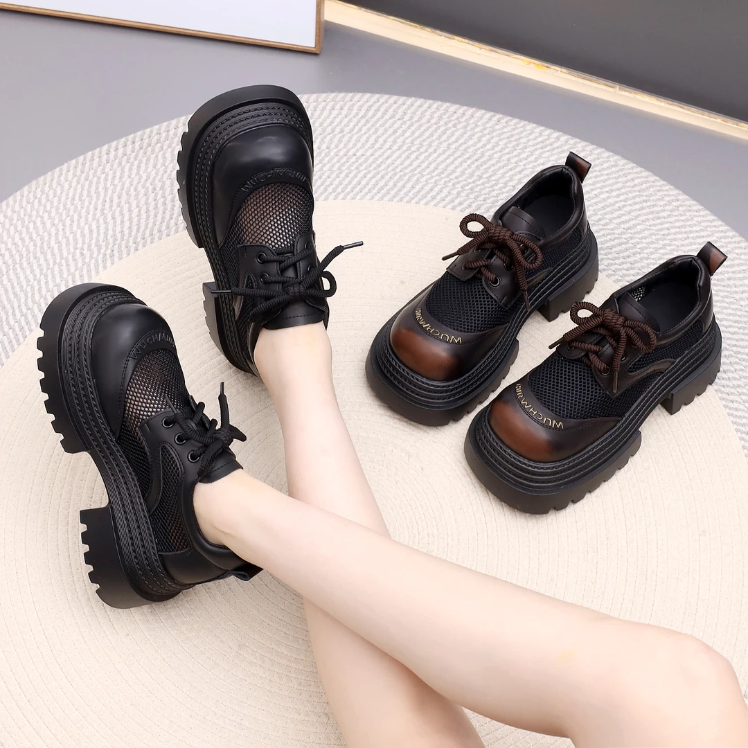 乐福鞋透气时尚夏季镂空学院风圆头乐福鞋皮鞋英伦风春夏厚底女鞋