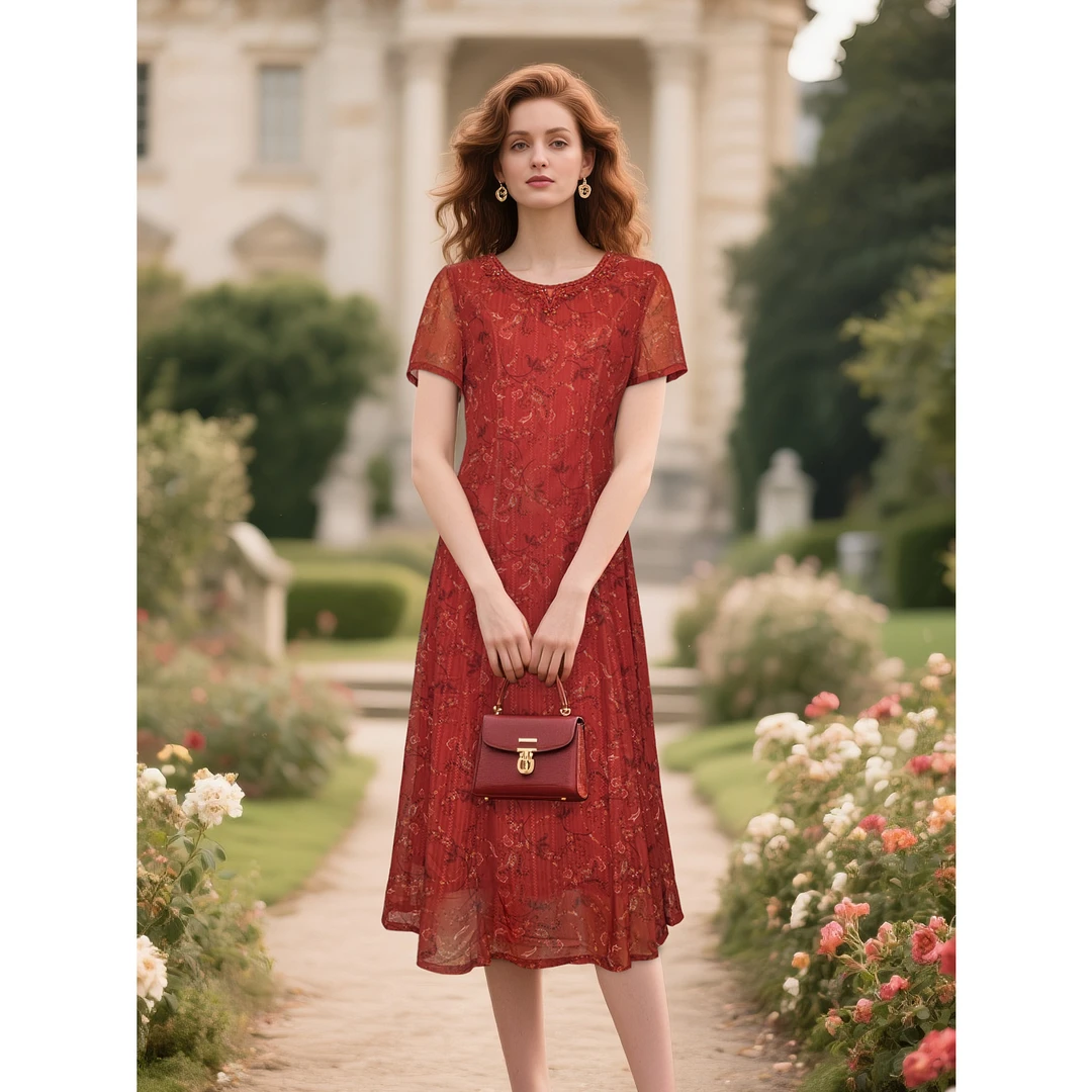 夏季红色气质清凉中长款日常连衣裙裙子时尚优雅妈妈装-66839