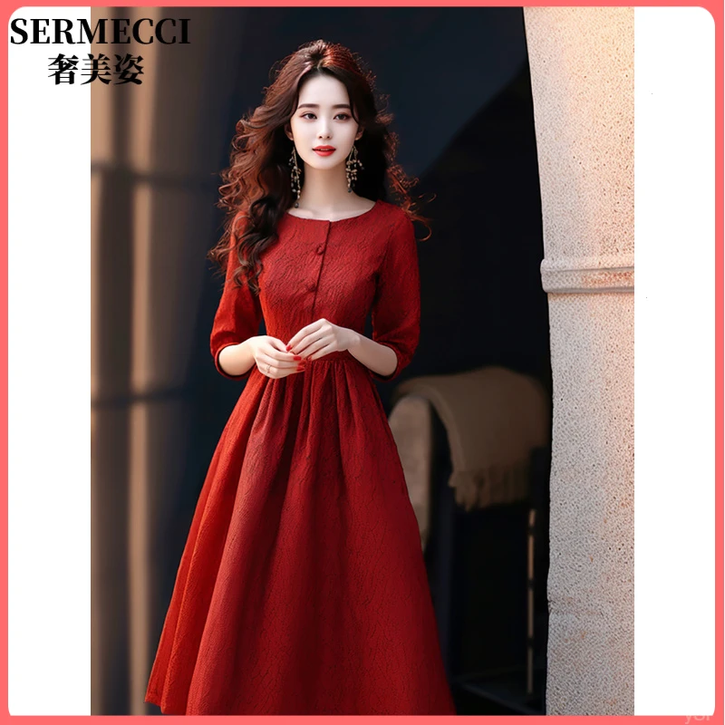 红色高腰高级感大摆五分袖连衣裙2025春款女装港风气质名媛小香风