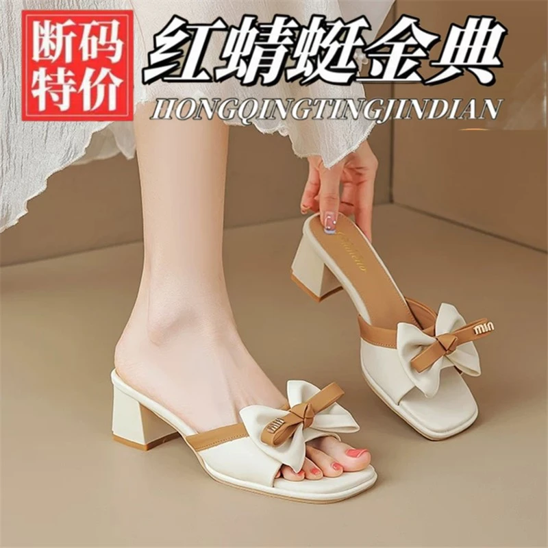 红蜻蜓金典法式拖鞋女夏新款外穿粗跟一字真皮半拖蝴蝶结配裙凉拖