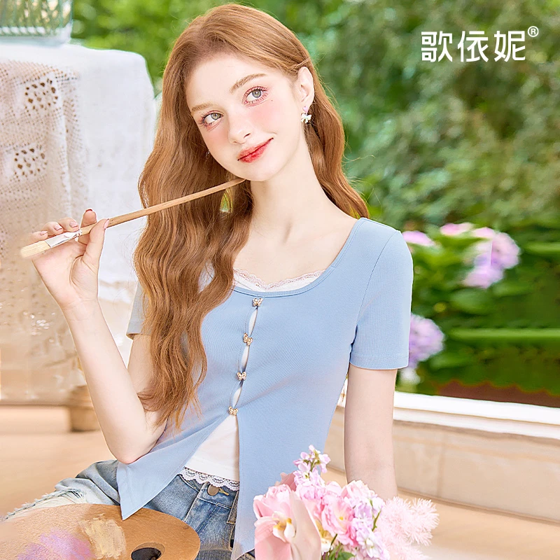 歌依妮夏季新款女法式蓝色蕾丝短款小个子假两件正肩短袖T恤上衣