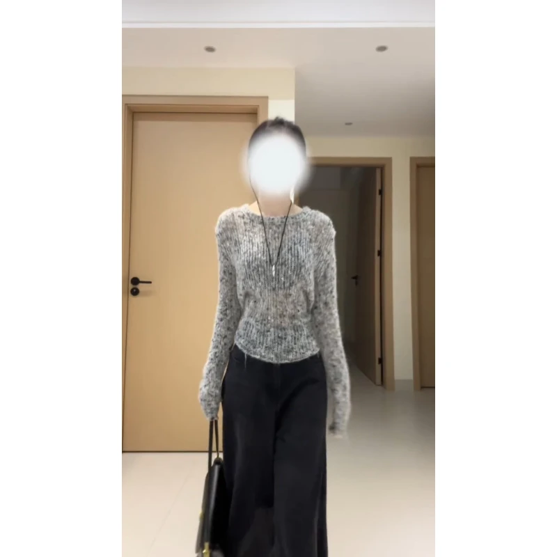 纯欲慵懒风圆领针织衫长袖T恤女装秋季后背系带镂空内搭打底上衣