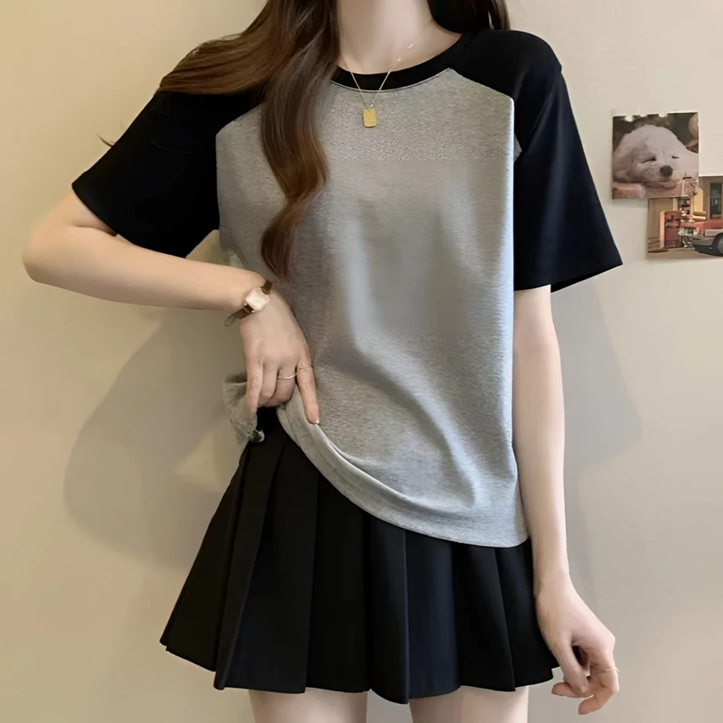 2025新款微胖显瘦拼色长袖棉T恤女插肩袖圆领百搭上衣内搭打底衫
