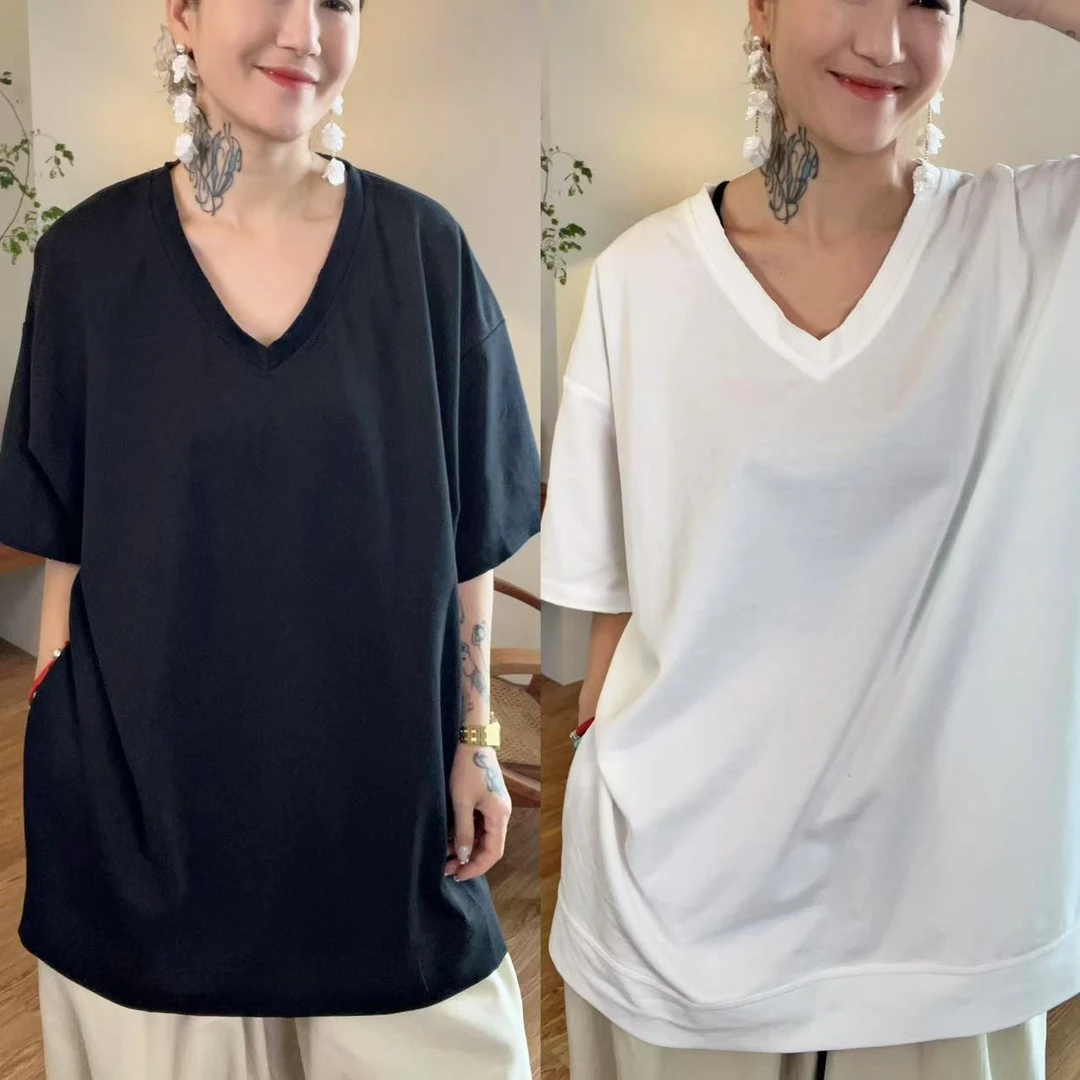 6659简而不简V领T恤2色均码百搭时尚夏季半袖简约宽松纯色开叉