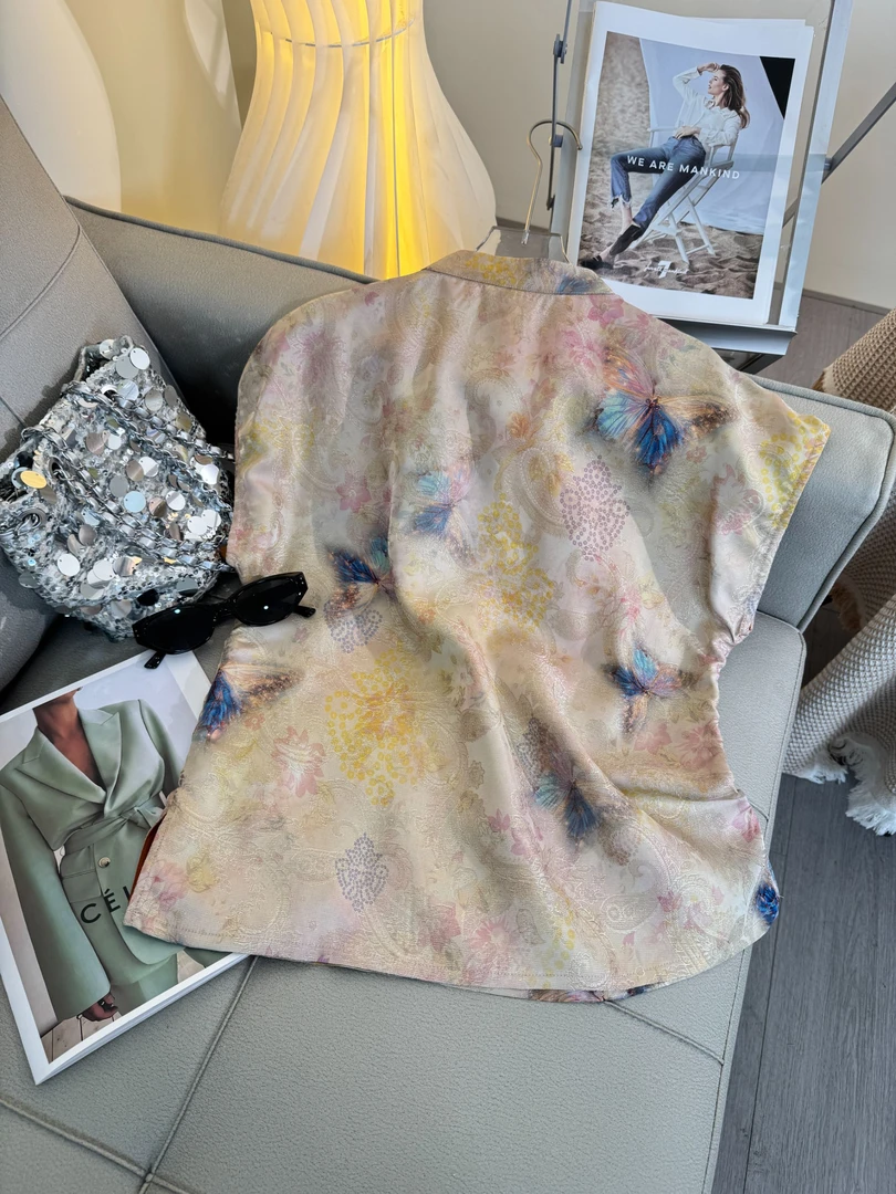 【七彩蝴蝶】轻奢风夏季清爽百搭上衣文艺新款气质香云纱斜门襟小衫