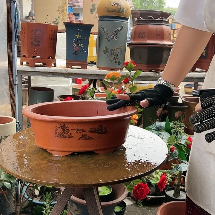 宜兴紫砂花盆花盆30红椭圆