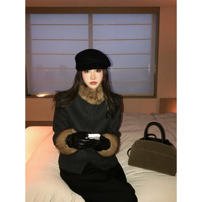 左边女装小个子收腰短外套2025秋冬新款可拆卸毛领小香风毛呢外套