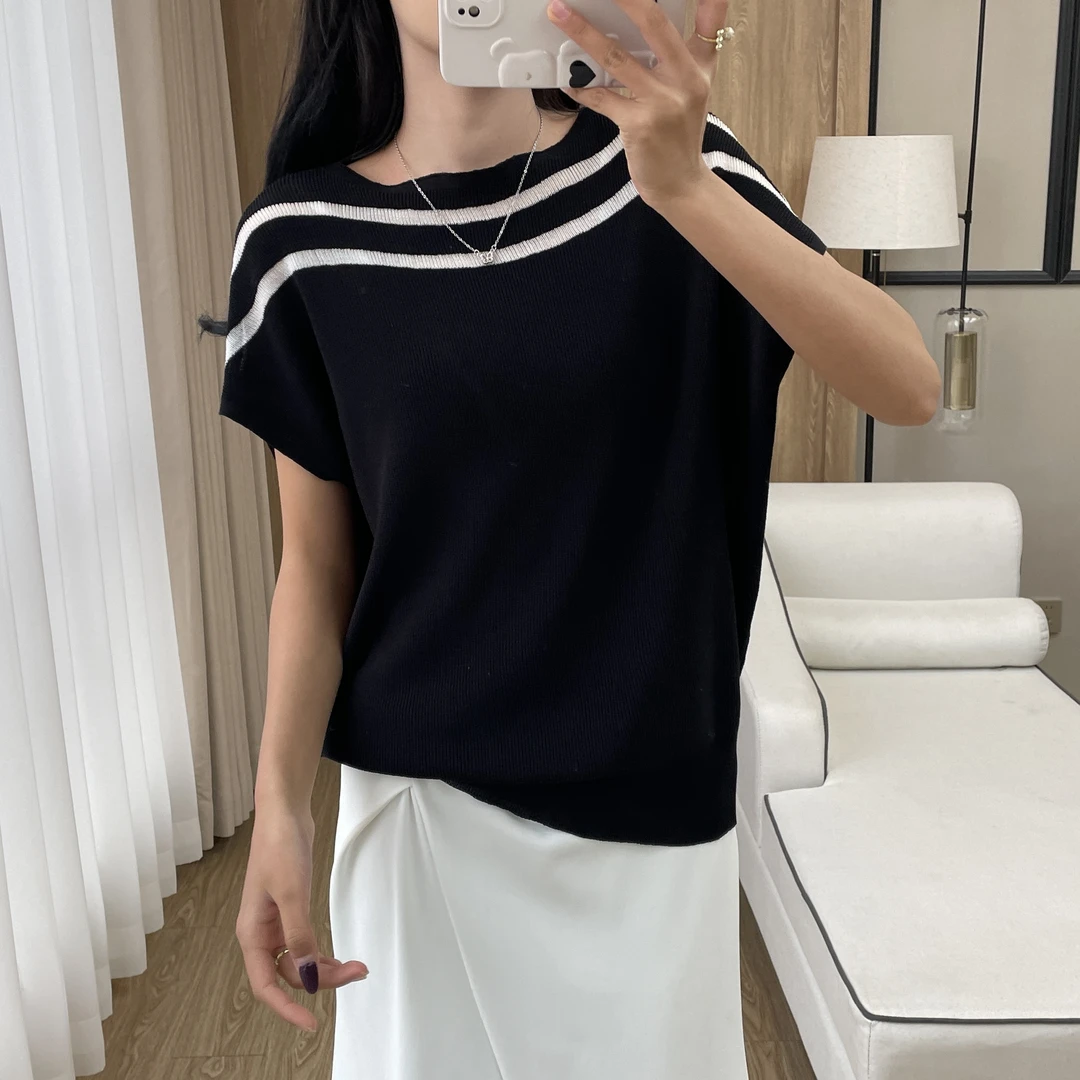 韩版设计感一字领镂空冰丝针织T恤女2025夏季新款蝙蝠袖外穿上衣