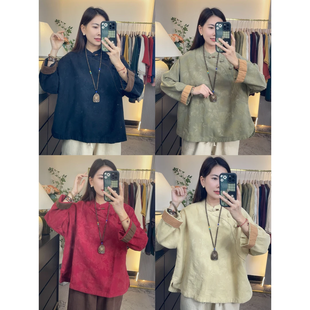 花汐语【素影】高品质亚麻提花设计款中式盘扣衬衫女上衣