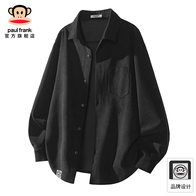PaulFrank/大嘴猴潮牌黑色长袖衬衫男士秋季新款休闲翻领衬衣外套