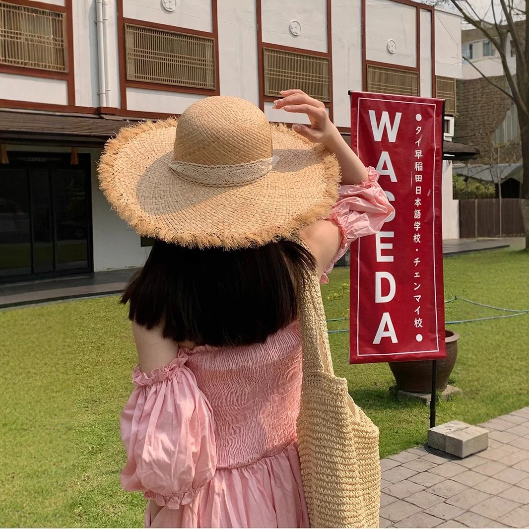 大毛边拉菲草帽女夏季遮阳防晒帽大帽檐系带太阳帽海边度假沙滩帽