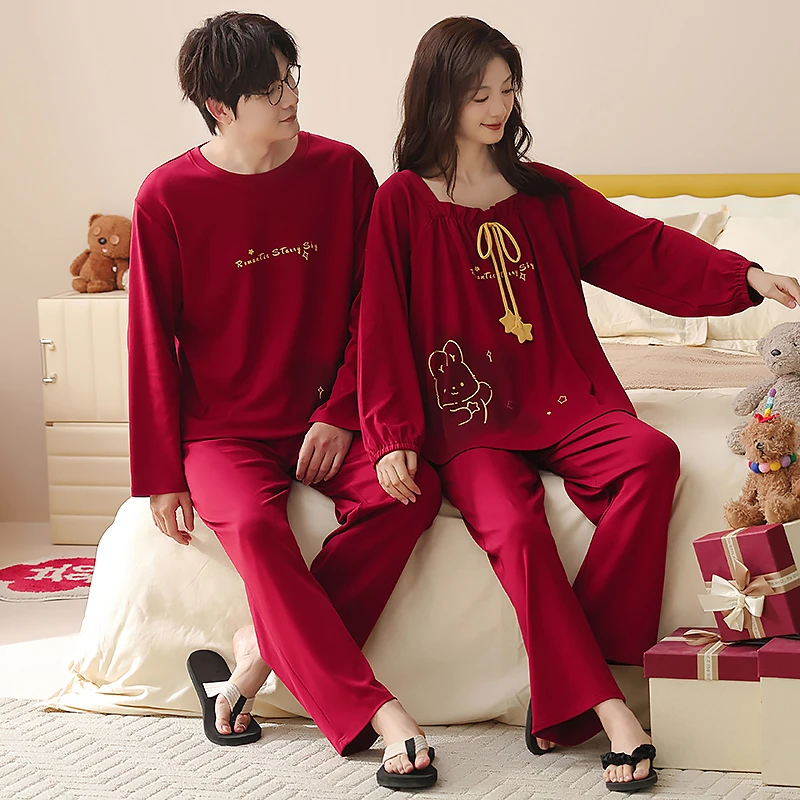 情侣睡衣秋冬款大红纯棉女长袖大码圆领家居服男士结婚本命年套装