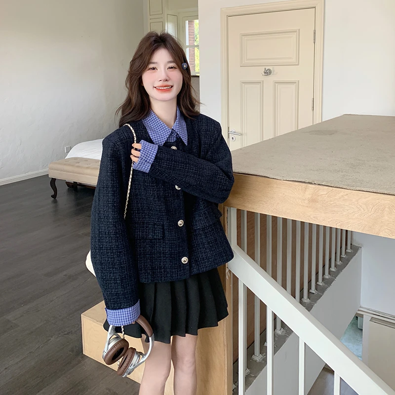 藏青色设计感假两件法式小香风上衣女春新款小个子显瘦气质短外套