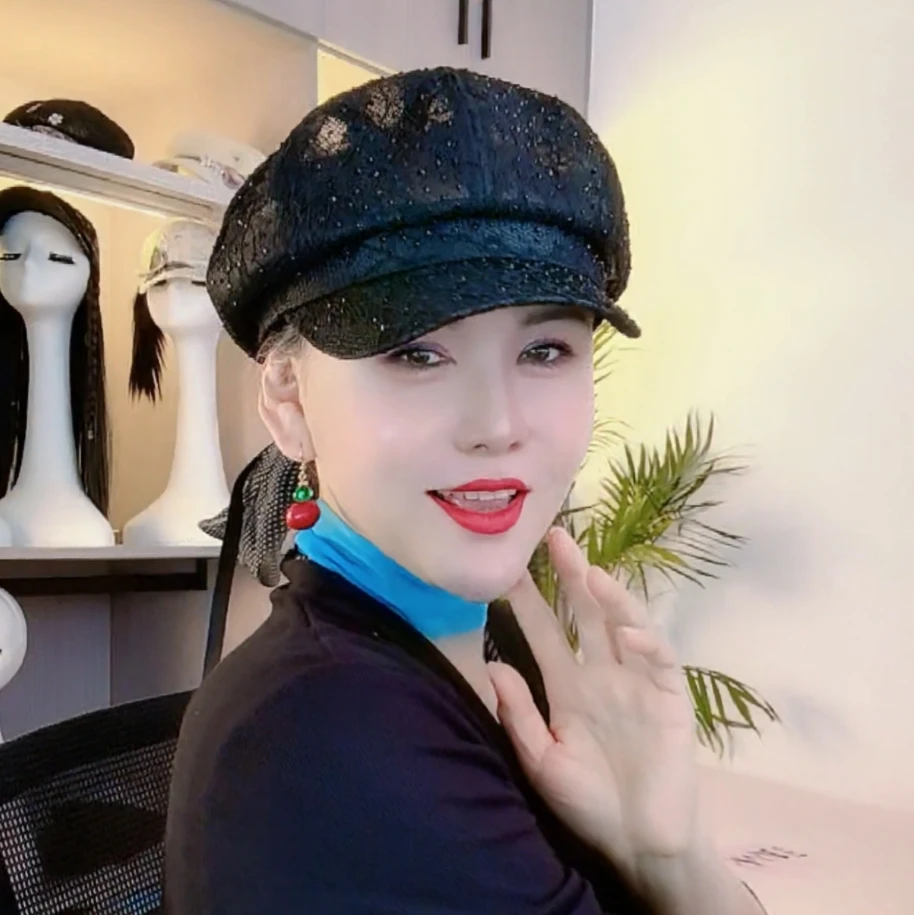 蕾丝刺绣满钻八角帽女韩版鸭舌帽时尚重工透气夏季网红春夏帽子潮