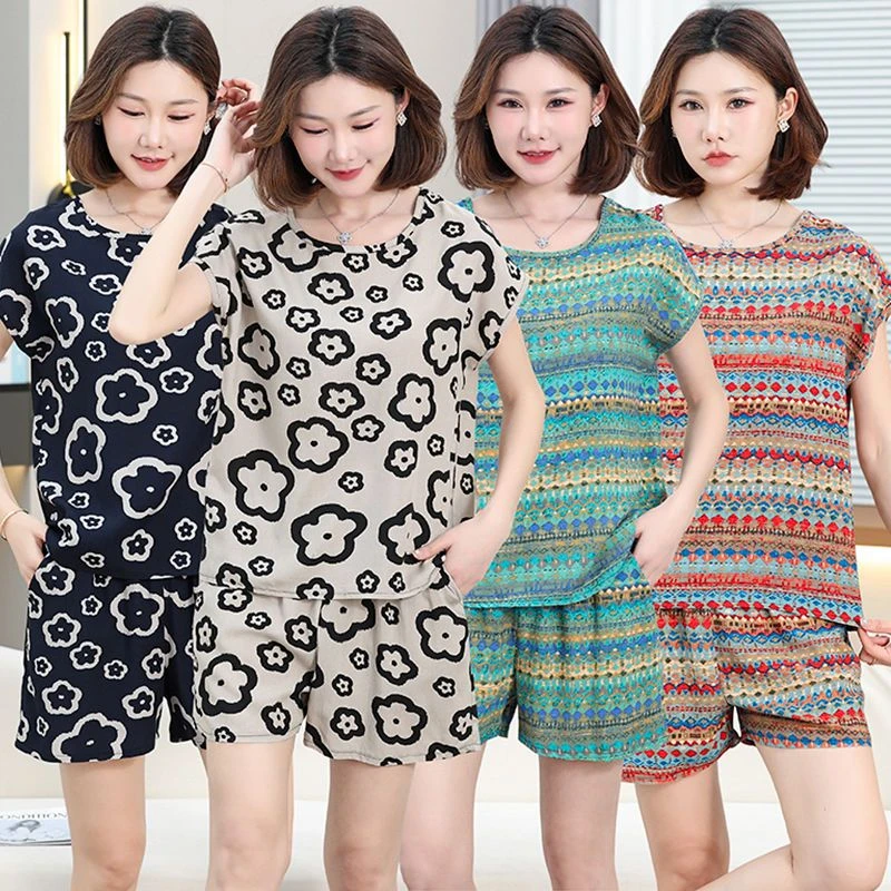 棉绸套装女时尚外穿夏季两件套阔腿短裤大码薄款妈妈休闲居家睡衣