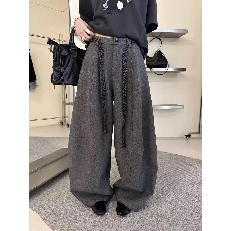 （送腰带）加绒加厚 毛呢西装阔腿裤女新款高腰显瘦直筒拖地弯刀裤