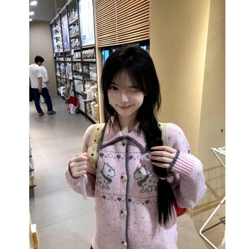 2025新款韩系秋冬季巨好看的外套女款费尔岛粉色针织开衫毛衣上衣