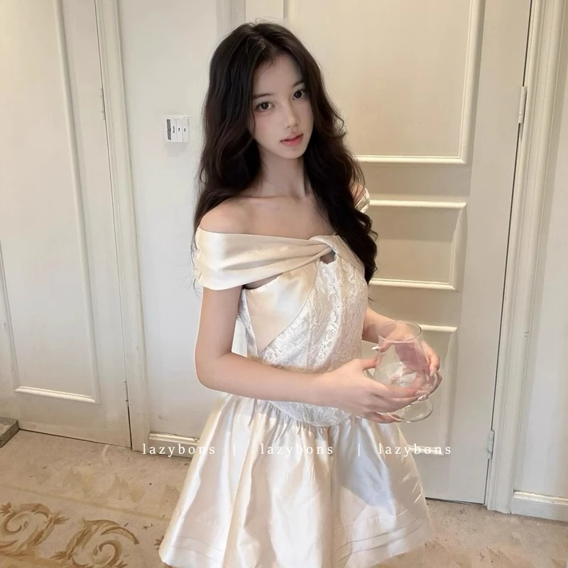 一字肩连衣裙女千金名媛气质生日礼服短裙蕾丝缎面收腰蓬蓬a字裙