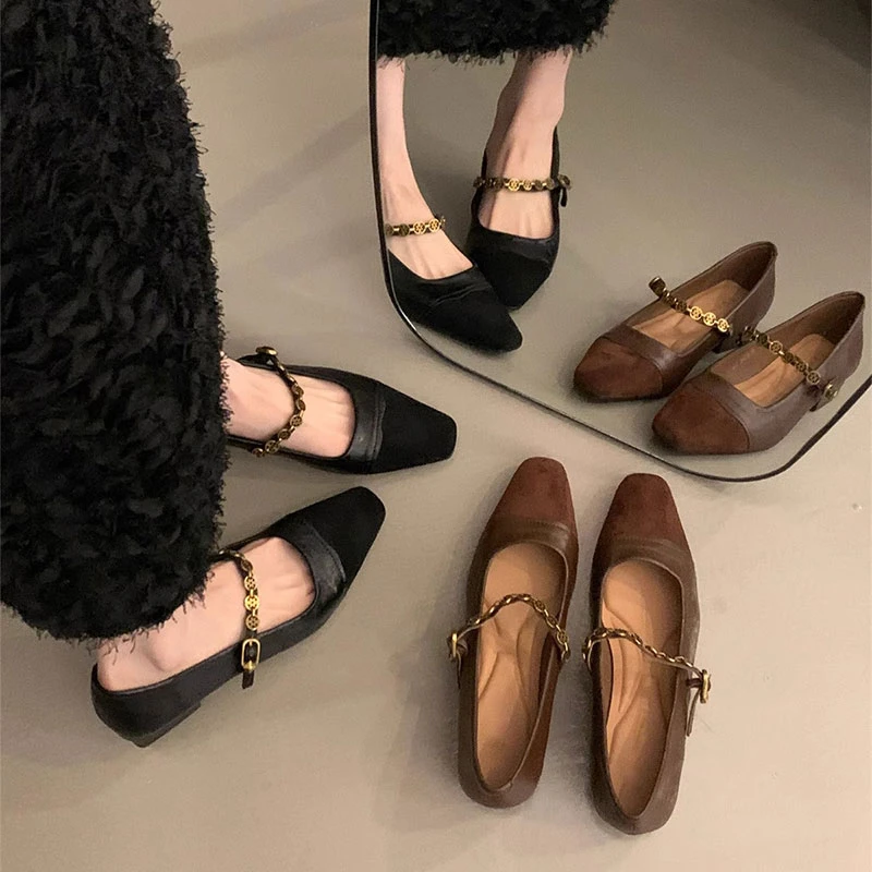 粗跟链条玛丽珍鞋女鞋子2025年春秋季新款低跟浅口一字带复古单鞋