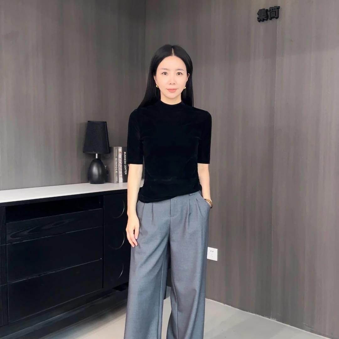 鑫燃KIKI丝绒气质百搭丝绒圆领/立领短袖T恤 J27066 J27032 JJ（F）