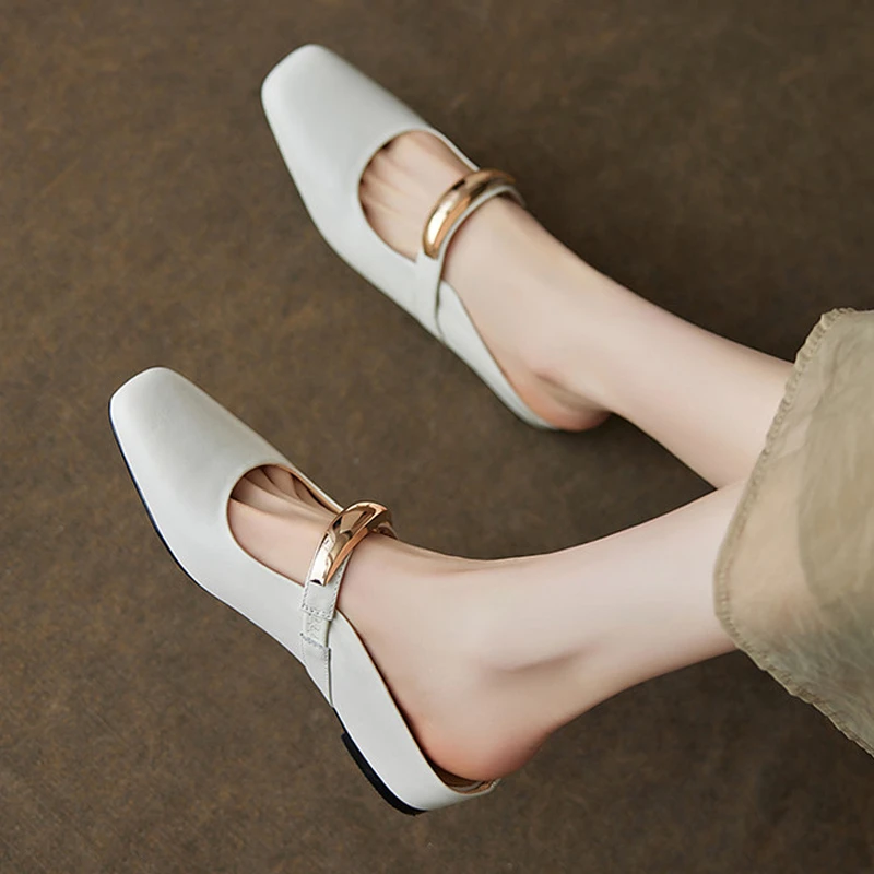 真皮半拖金属扣轻奢百搭小众鞋子内增高坡跟方头包头拖鞋女鞋外穿