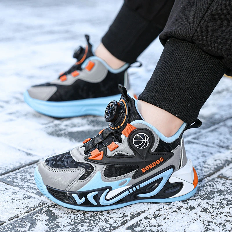 巴布豆童鞋男童棉鞋2025秋冬季新款皮面加绒保暖中大童儿童篮球鞋