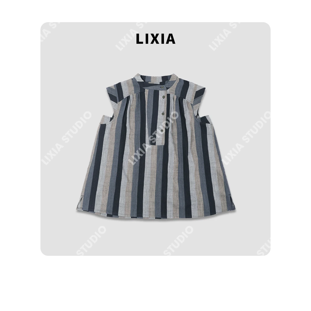 LIXIA【蓝棕竖影】时尚休闲舒适感竖条纹无袖衬衫-D8675