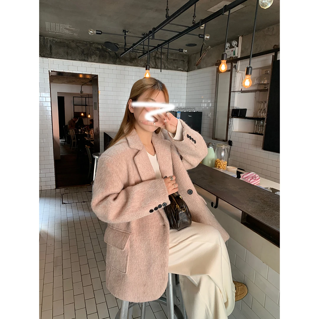 粉色咩咩毛呢外套女秋冬季韩系高级上衣时尚百搭