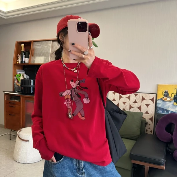 qiqi/琦琦推荐韩版宽松新款卡通高飞图案圆领红色长袖T恤上衣休闲