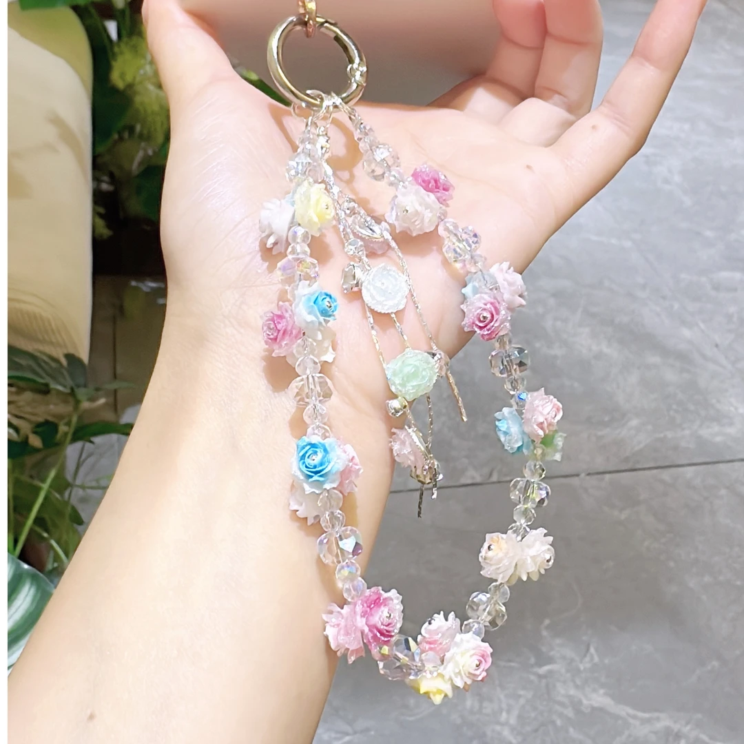 夜光软硅胶粉色玫瑰花球光变彩色串珠手机链高端小众挂饰手机挂绳