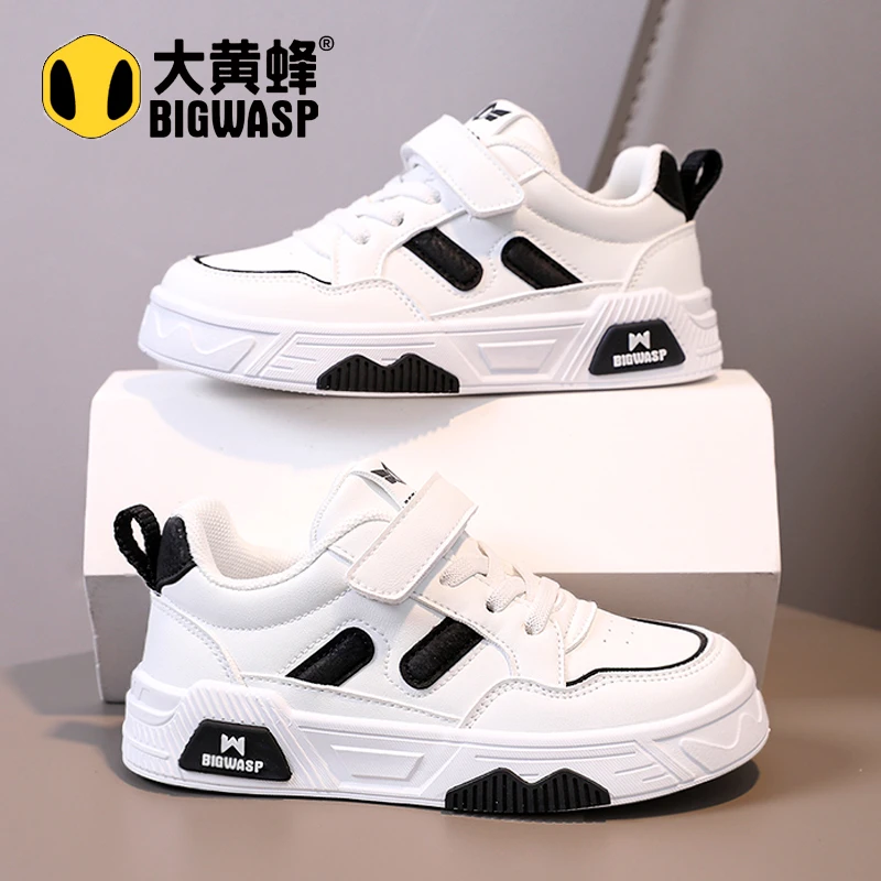大黄蜂男童鞋2025新款秋季儿童皮面运动板鞋潮大童休闲校园小白鞋
