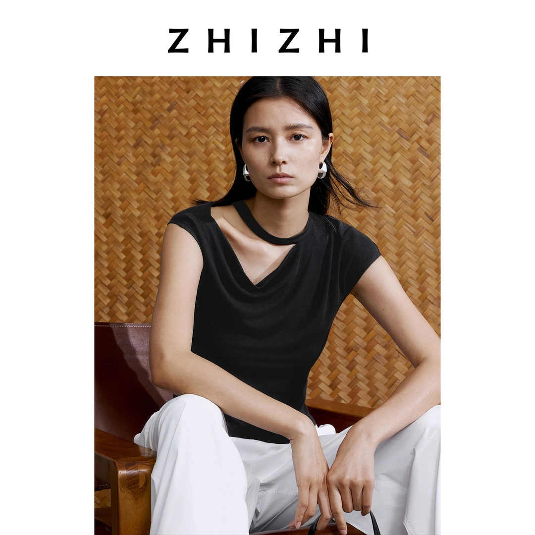 致知 绣带子 斜肩chocker女性化坑条T恤2025夏款ZZ2EMWT1079