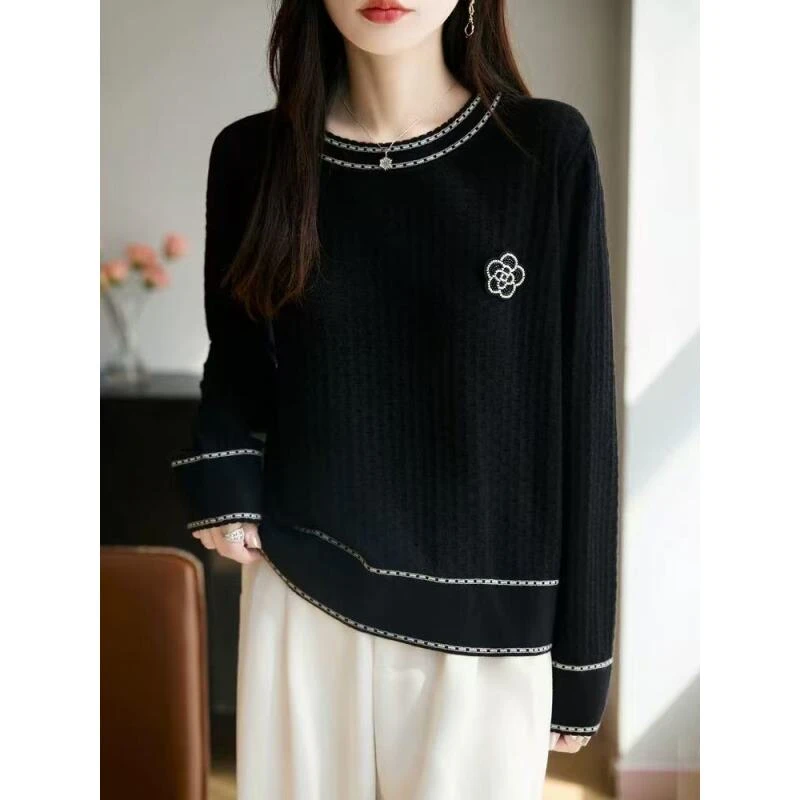 早秋山茶花胸针毛衣秋冬女时尚小众设计减龄老钱风薄款气质针织衫