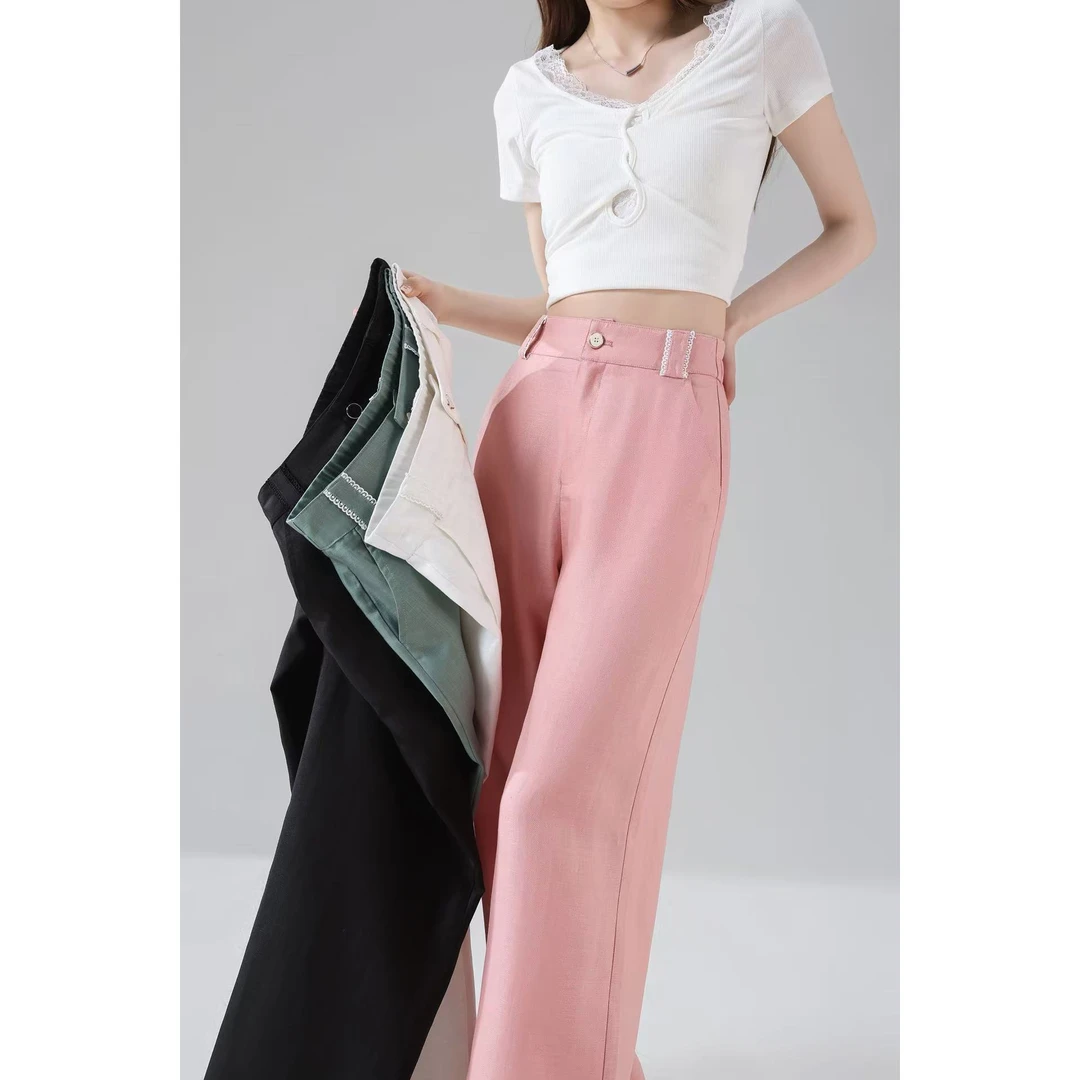 蕾丝 天 丝亚麻 夏季休闲直筒裤女裤松紧高腰裤子宽松阔腿裤y7207